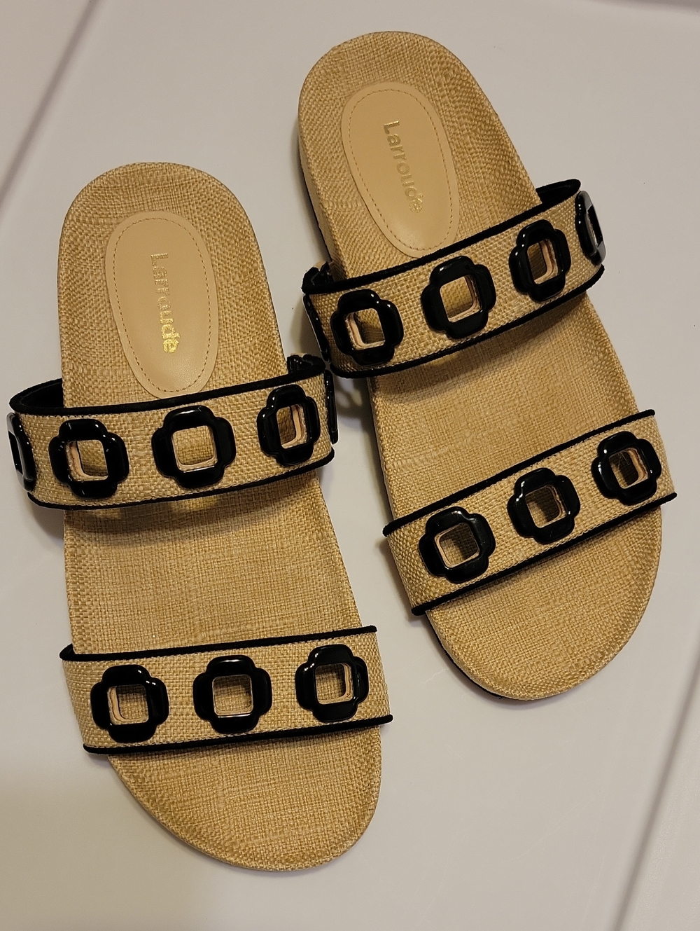 Larroude Milan Slide Sandals In Raffia with Black Trim